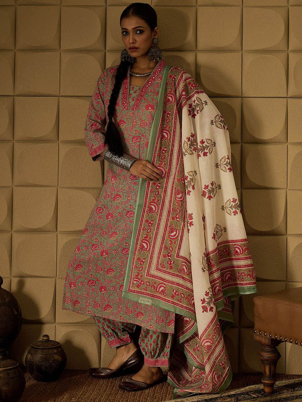 Indo Era Floral Printed Pure Cotton Straight Kurta with Salwar & Dupatta | Grocsy