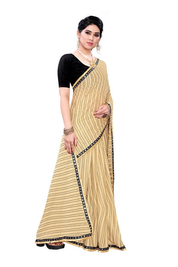Vamika Cream Malai Silk Printed Saree (Zigzag Chiku) | Grocsy