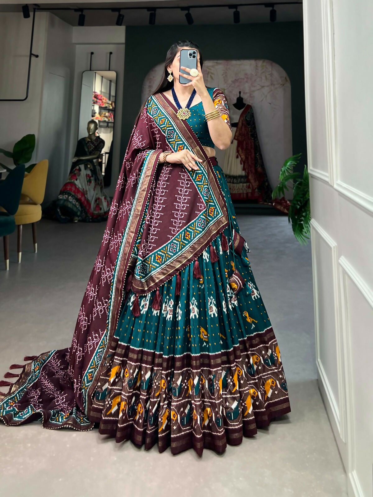 Vastranavya Traditional Ikkat Patola Print Tussar Silk Lehenga Choli - Teal | Grocsy