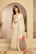 Vastranavya Off White Digital Printed Linen Ready To Wear Pocket Saree with Unstitched Blouse | Grocsy