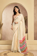 Vastranavya Off White Digital Printed Linen Ready To Wear Pocket Saree with Unstitched Blouse | Grocsy