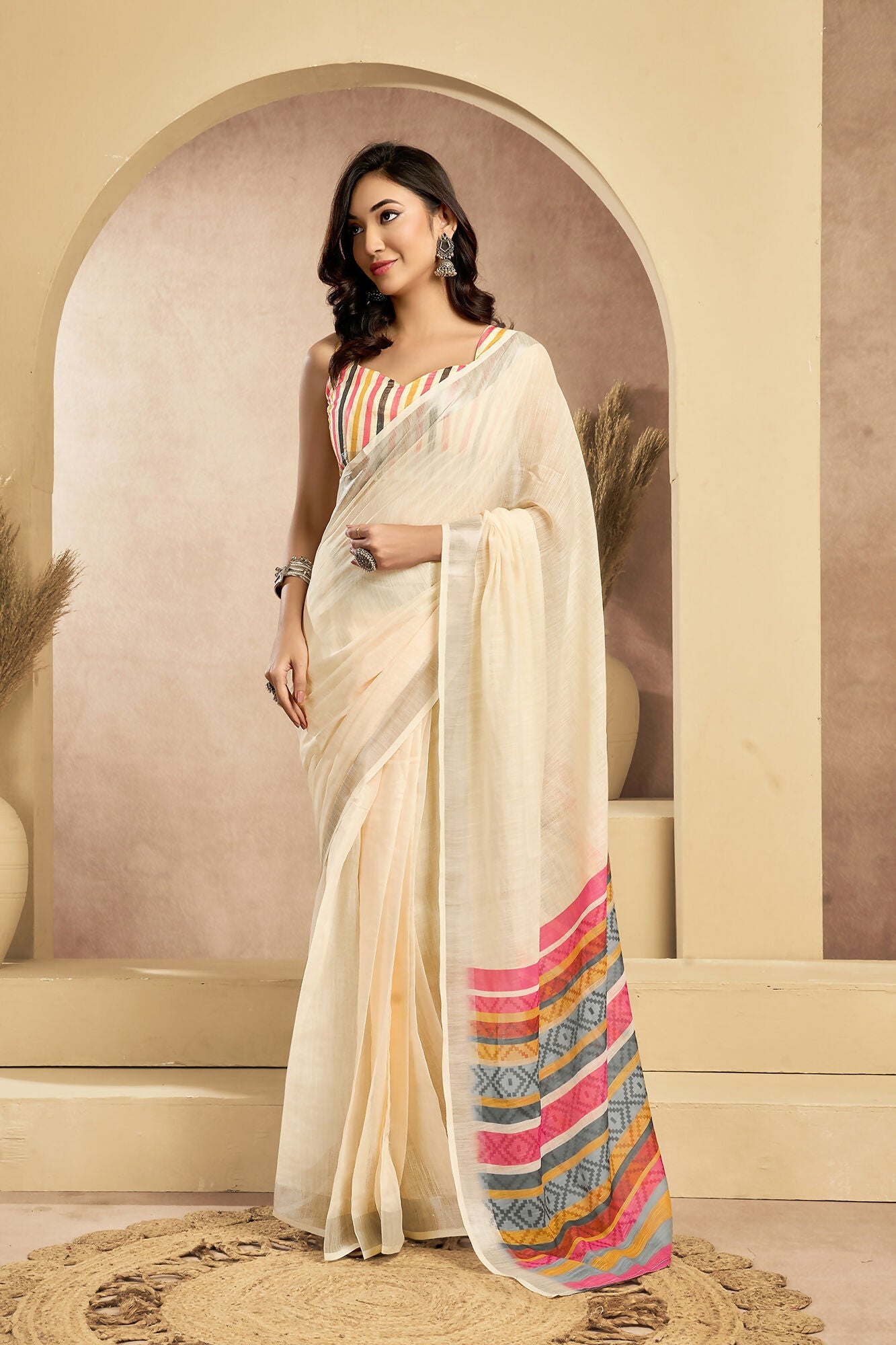 Vastranavya Off White Digital Printed Linen Ready To Wear Pocket Saree with Unstitched Blouse | Grocsy