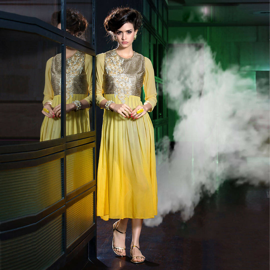 Yellow Georgette Floral Embroidered A-line Kurti - Missy | Grocsy