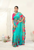 Sea Green Georgette Floral Printed Saree With Unstitched Blouse Piece - Jyoti | Grocsy