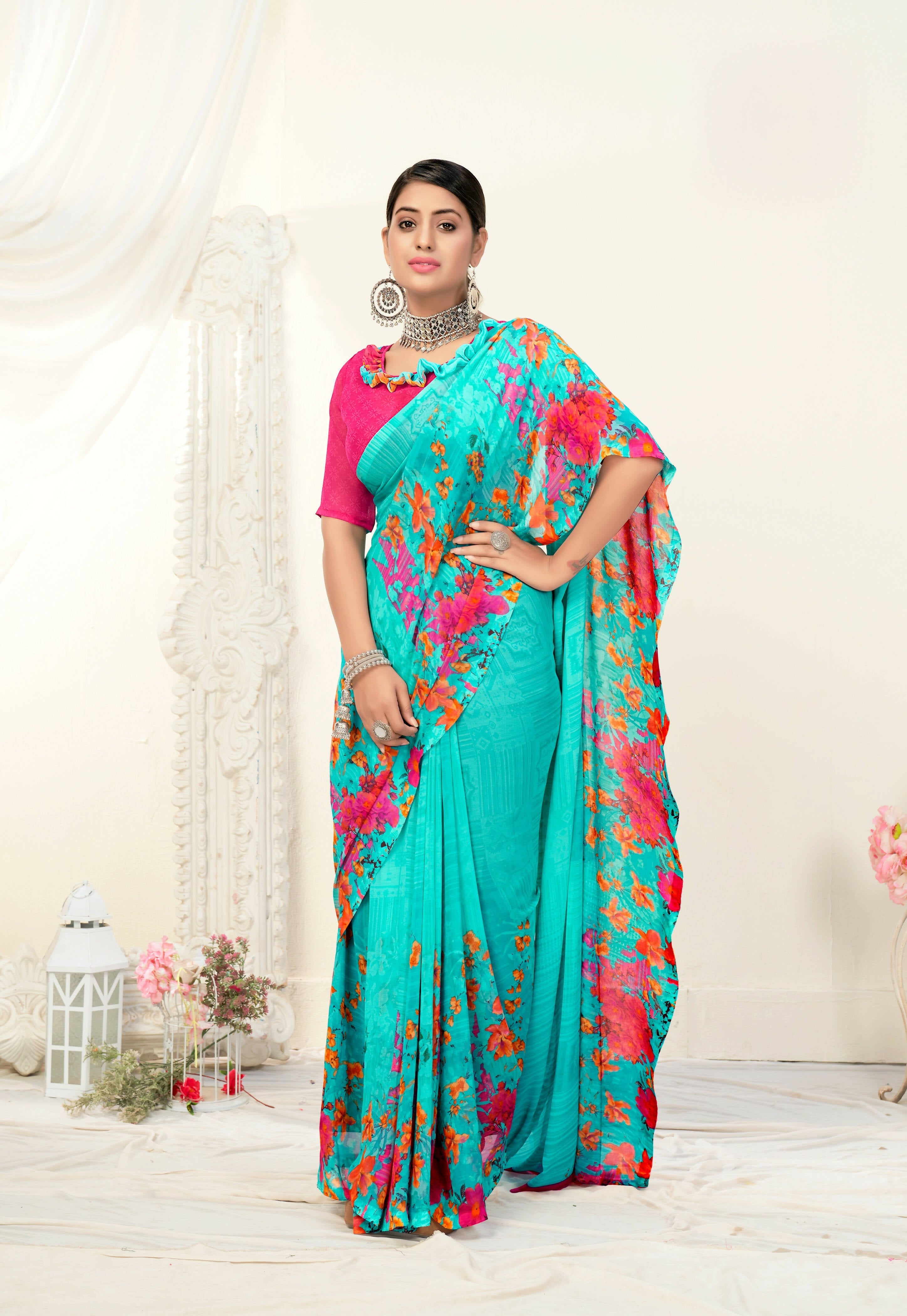 Sea Green Georgette Floral Printed Saree With Unstitched Blouse Piece - Jyoti | Grocsy