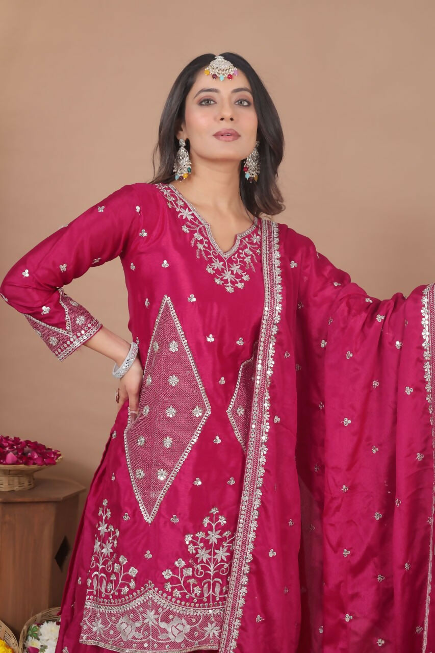 Teeya Creation New Womens Trendy Rani Pink Silk Blend Embroidered Sharara Suit Set With Dupatta | Grocsy
