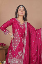 Teeya Creation New Womens Trendy Rani Pink Silk Blend Embroidered Sharara Suit Set With Dupatta | Grocsy