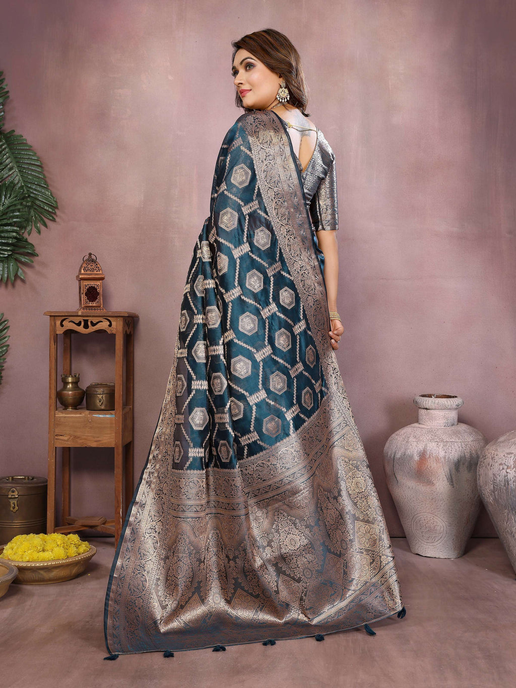 Aastha Fashion Teal Soft Organza Silk Weaving Saree | Grocsy