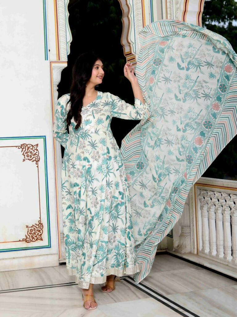 Miravan Women's Light Green Birds And Leaf Floral Printed Anarkali Kurta And Dupatta Set | Grocsy
