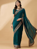 Teal Silk Blend Embroidered Saree with Unstitched Blouse - Vairagi | Grocsy