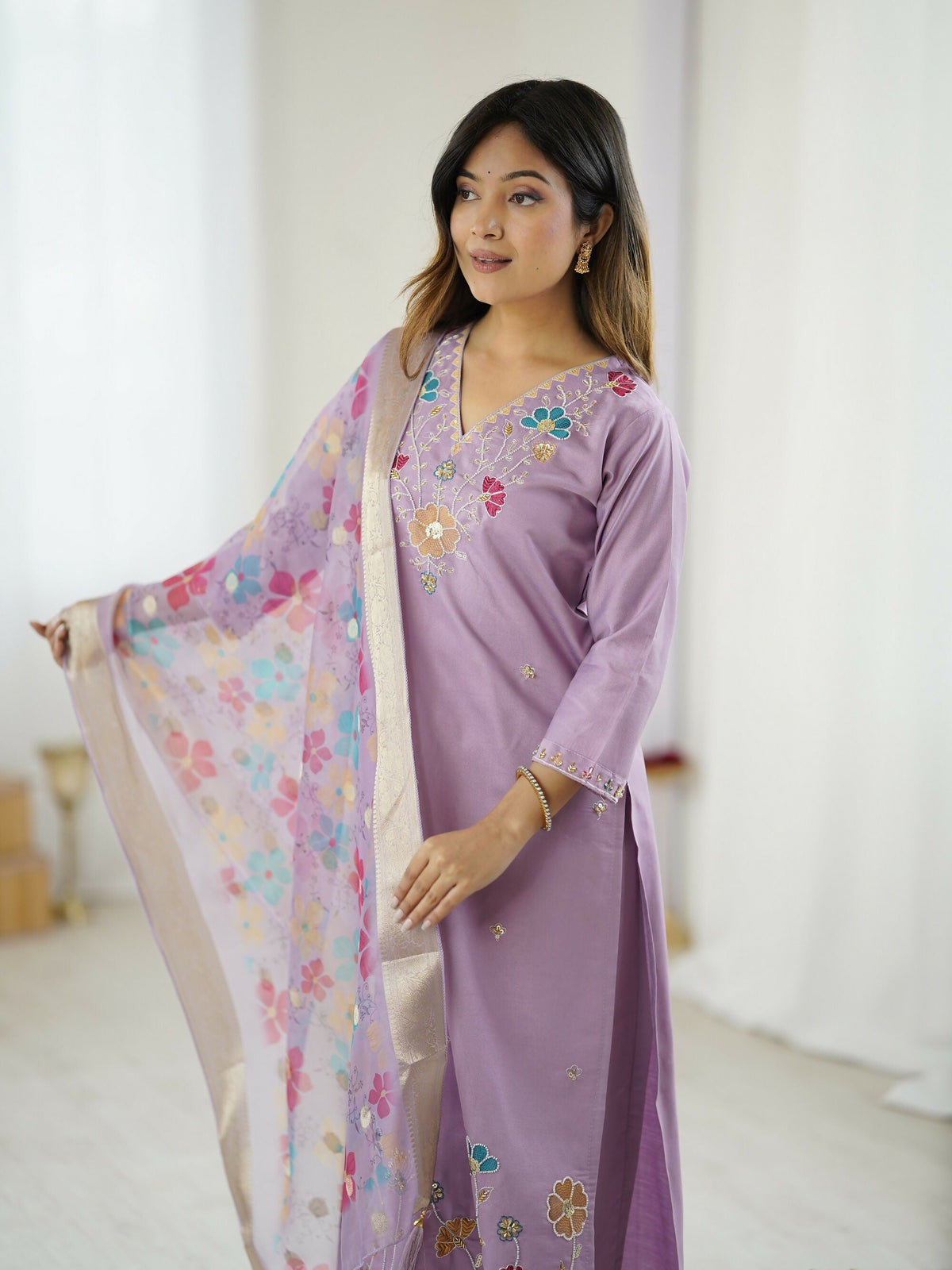 The52 Lavender Women's Gorgeous Embroidered work Viscose Gadhwal Fabric Straight Kurta, Pant and Dupatta Set | Grocsy