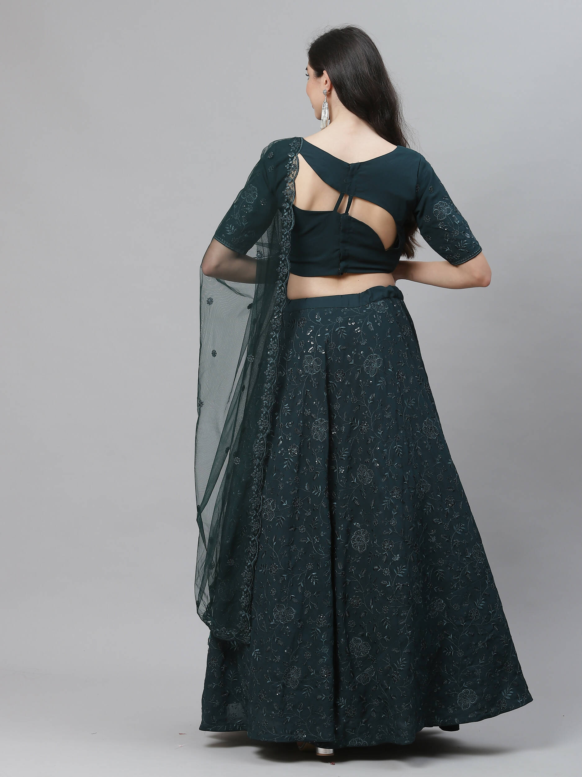 Green Georgette Thread with Sequins Embroidery Work Lehenga Choli with Dupatta - Jivika | Grocsy