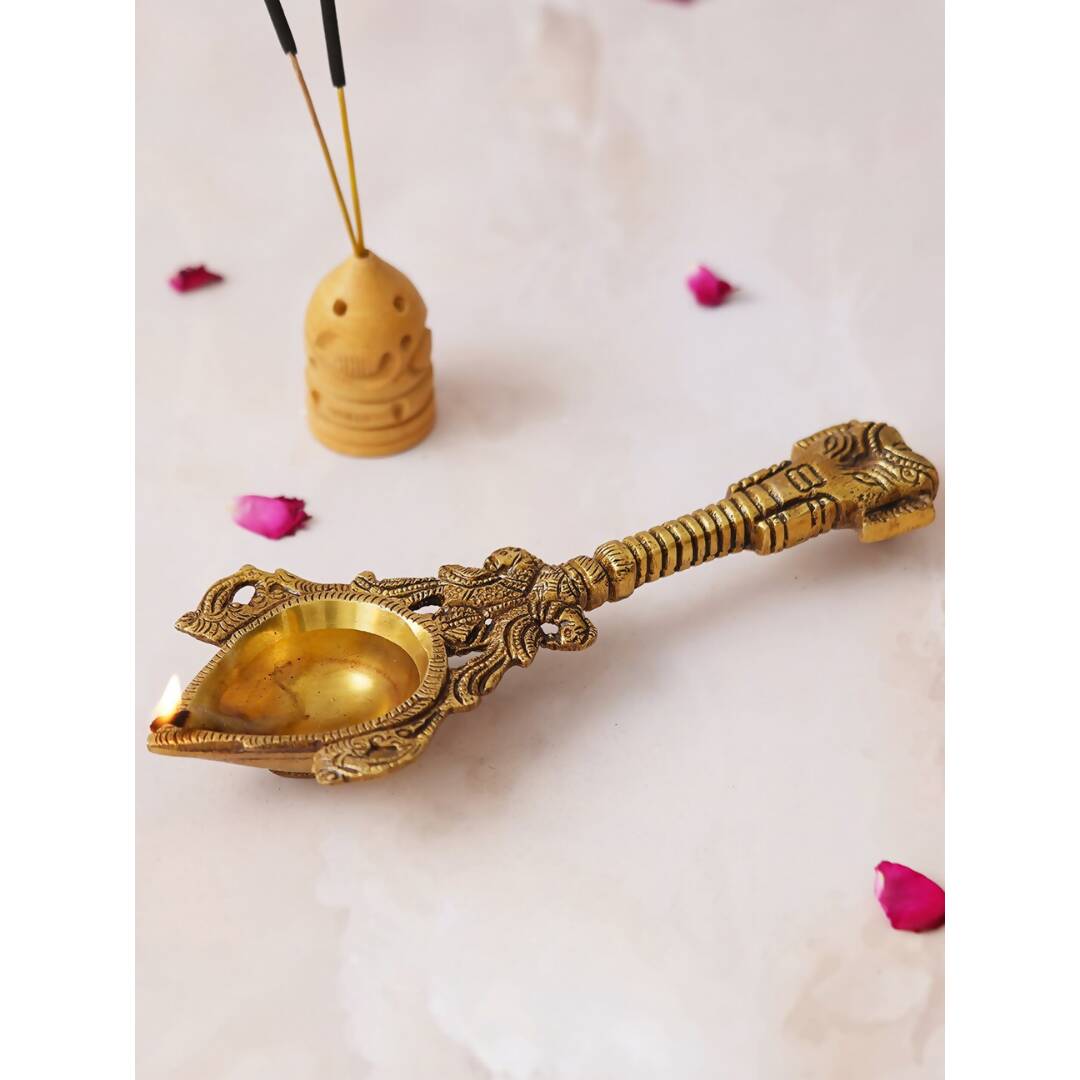 eCraftIndia Beige Ethnic Design Diya With Handle | Grocsy