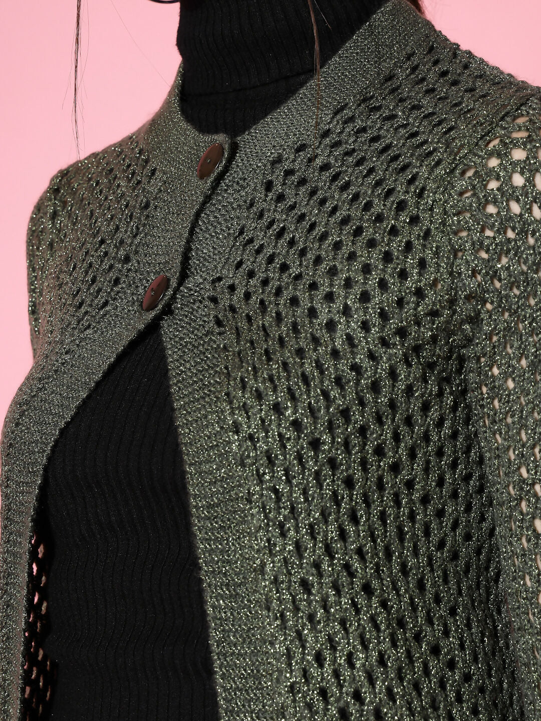 Women Self Design Green Acrylic Long Winter Shrug - Wool Trees | Grocsy