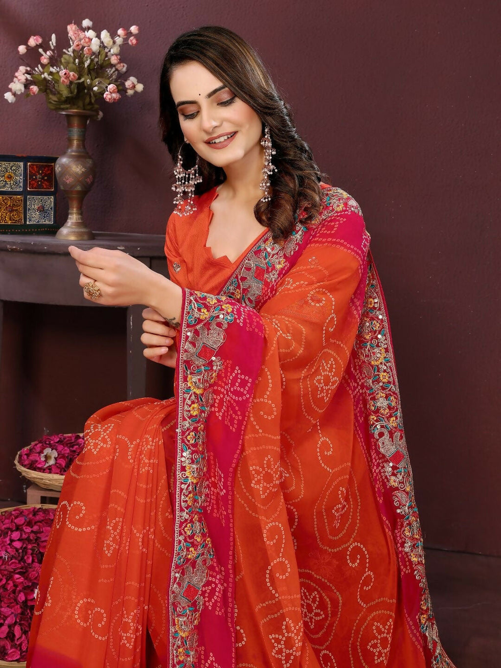 Ai Fashion Orange Georgette Digital Print Party Wear Saree | Grocsy