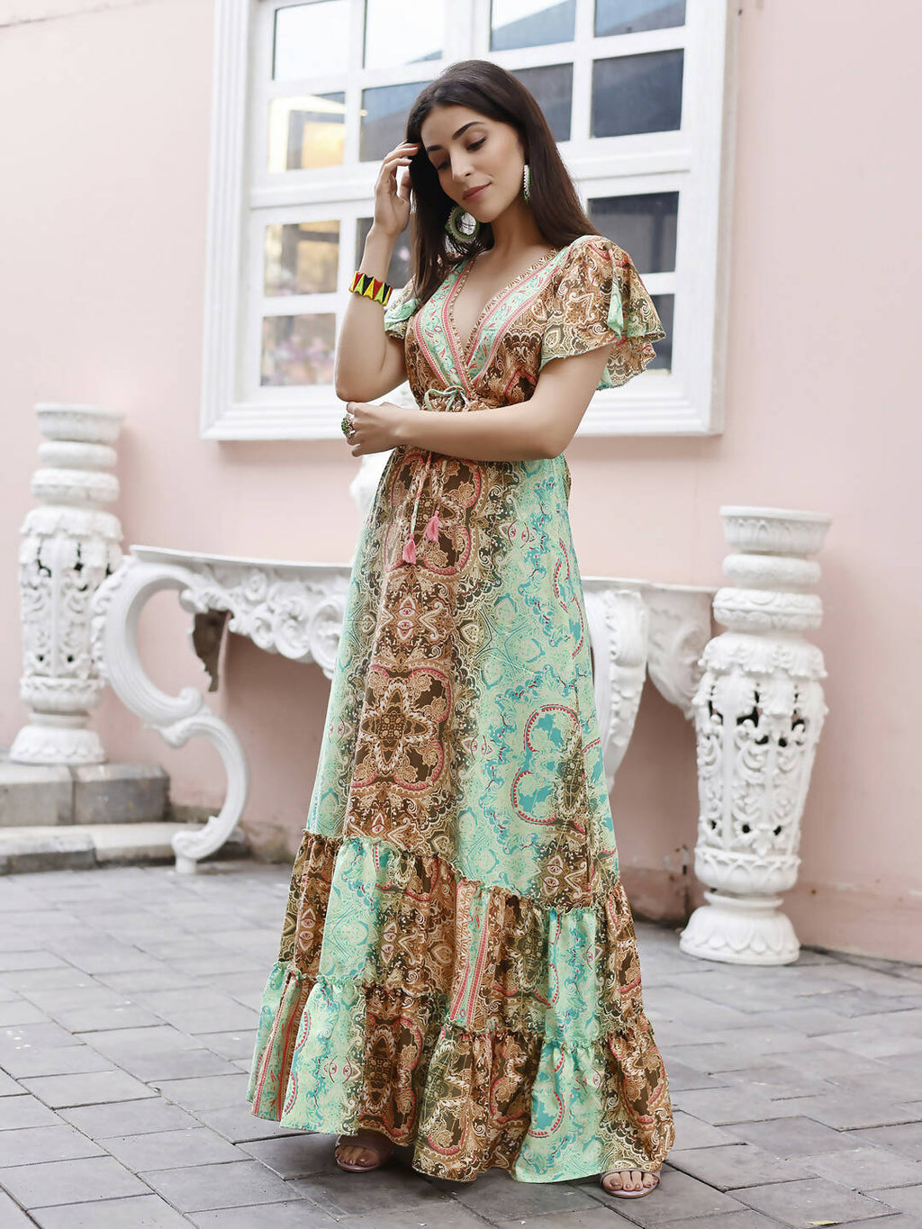 Sea Green Rayon Foil Printed Long Dress - Michan | Grocsy