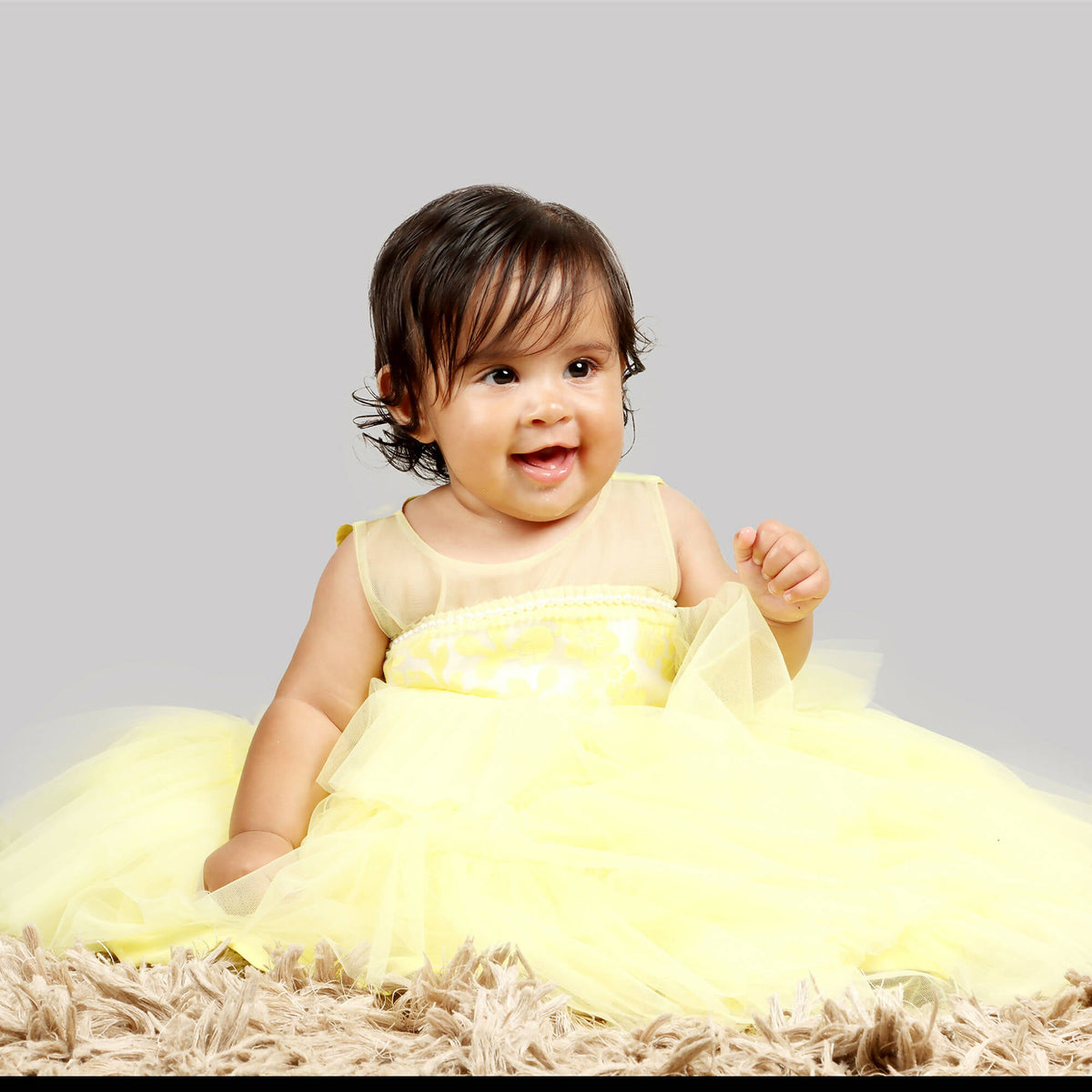 Pink Cow Fashions Yellow Gown With Organza Chest & Net Layer Ghera | Grocsy