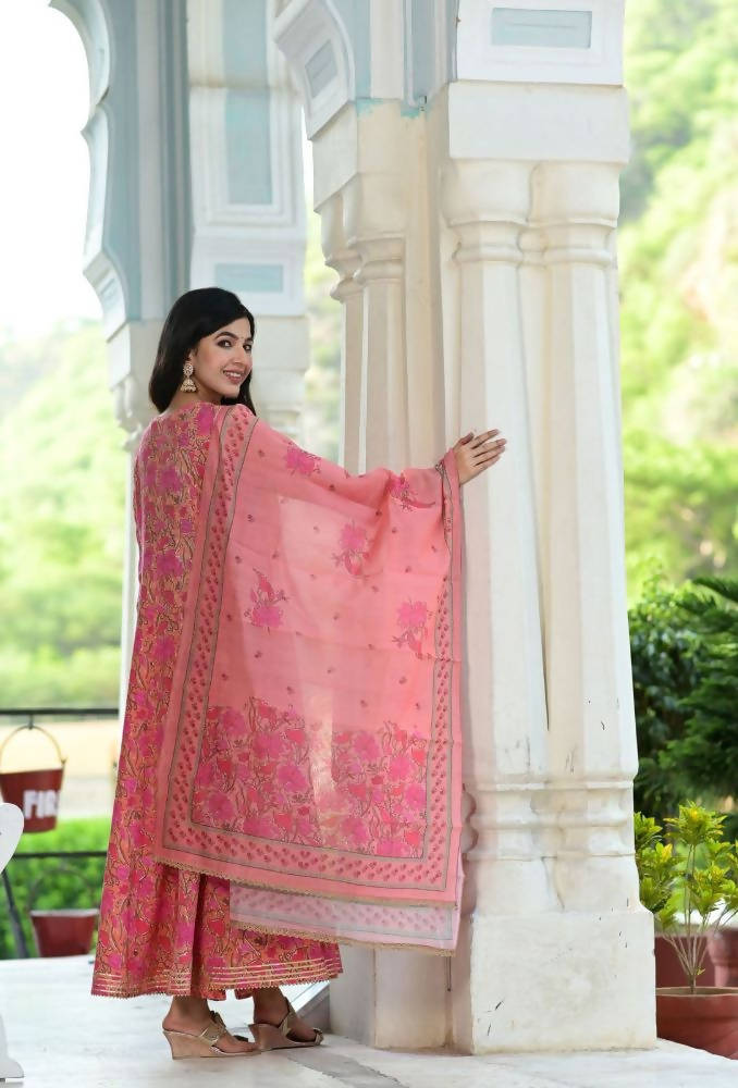 Yufta Pink Handblocked Printed Kurta with Trouser and Dupatta | Grocsy