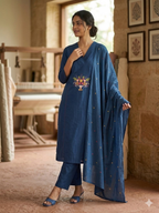 Teeya Creation Indigo Blue Straight Kurta Pant Set With Matching Dupatta | Grocsy