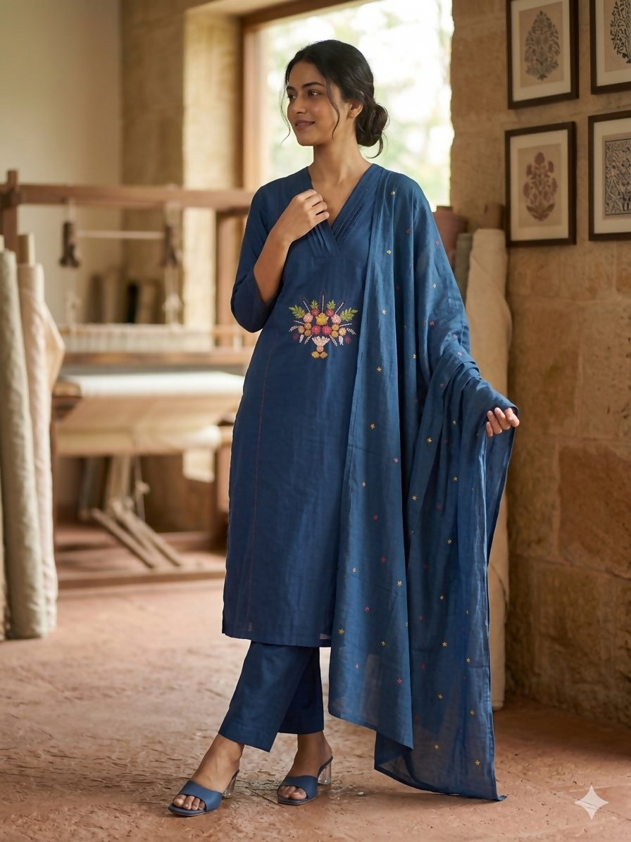Teeya Creation Indigo Blue Straight Kurta Pant Set With Matching Dupatta | Grocsy
