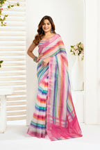 Vastranavya Rainbow Digital Printed Linen Ready To Wear Designer Saree with Unstitched Blouse | Grocsy