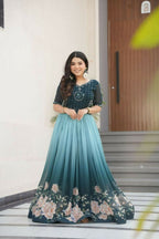 Vastranavya Teal Faux Blooming With Beads Embroidered work and Rich Floral Pedding Digital Print Gown | Grocsy