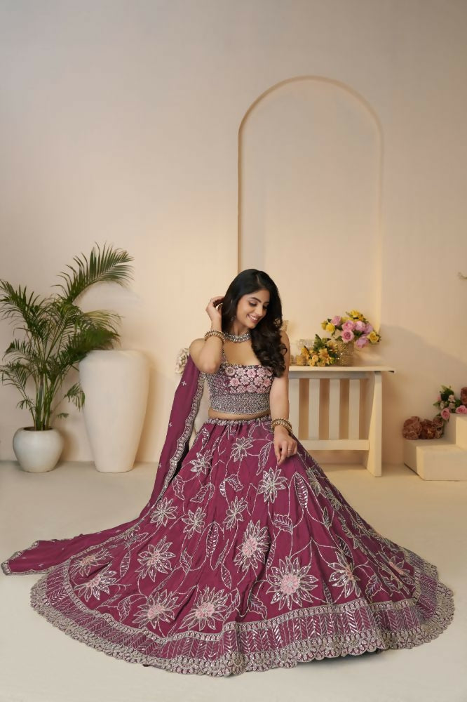 Kesar Fab Dark-Maroon Silk Embroidered Lehenga | Grocsy
