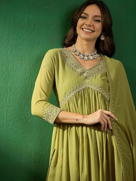 The52 Women's Beautiful Georgette Fabric Embroidery Work Straight Kurta Pant and Dupatta Set | Grocsy