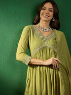 The52 Women's Beautiful Georgette Fabric Embroidery Work Straight Kurta Pant and Dupatta Set | Grocsy