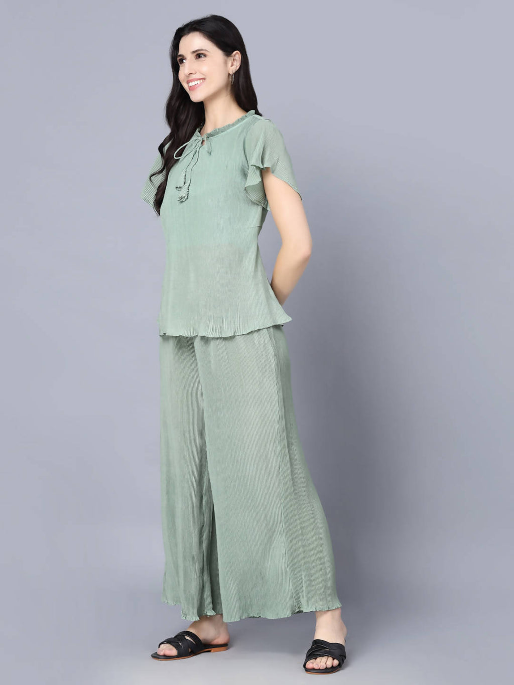 Myshka Women Green Top with Palazzos | Grocsy