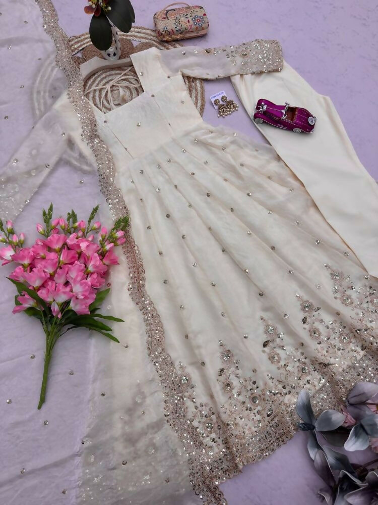 Teeya Creation Womens New Latest Trendy Elegant White Embroidered Anarkali Suit Set with Scalloped Dupatta | Grocsy