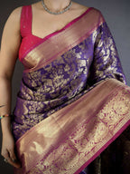Prime Volt Pure Handloom Kanjivaram Katan Silk Saree with Antique Zari & Contrast Pallu-Purple | Grocsy