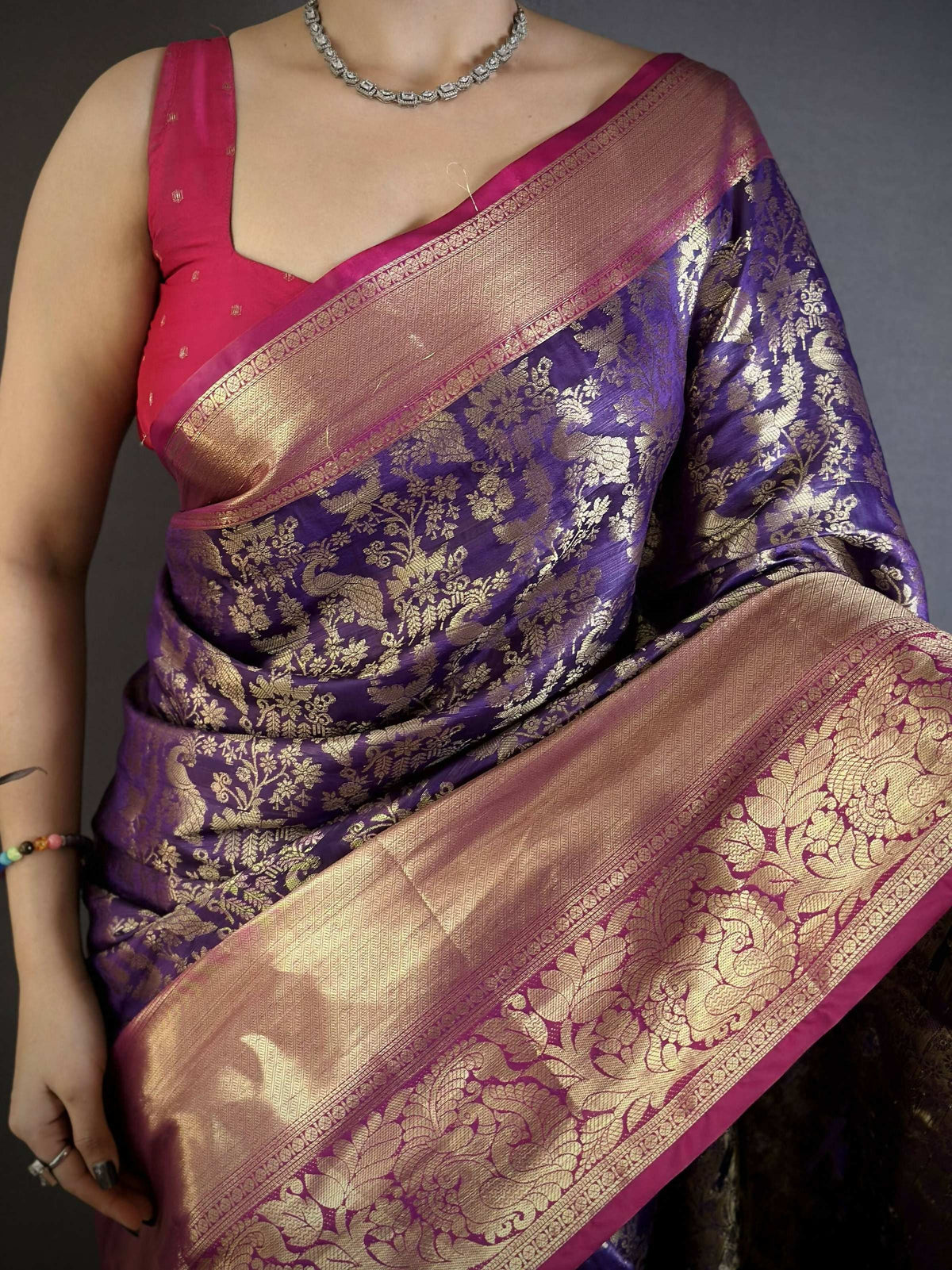 Prime Volt Pure Handloom Kanjivaram Katan Silk Saree with Antique Zari & Contrast Pallu-Purple | Grocsy