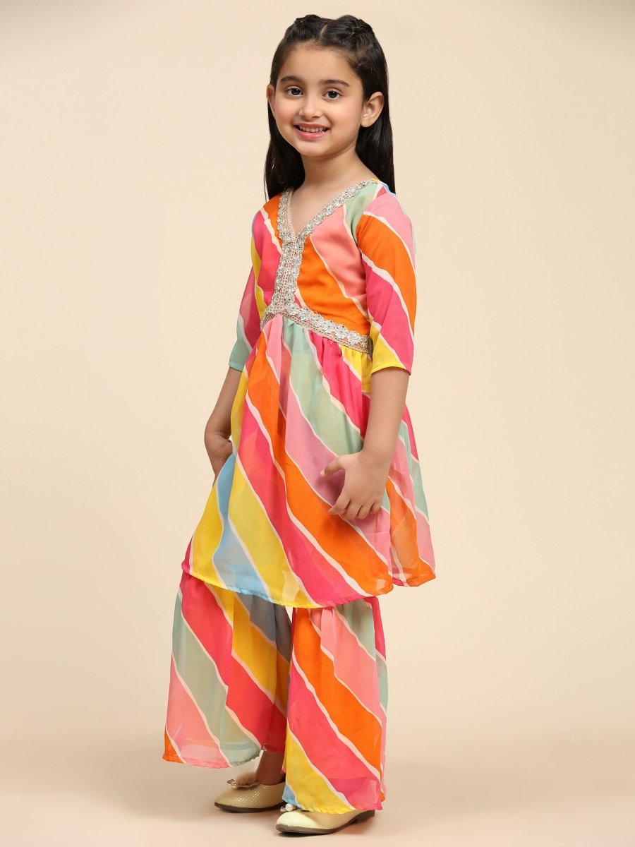 Alakhi Studio Girls Floral Georgette Printed V-Neck Kurta With Sharara - Orange | Grocsy