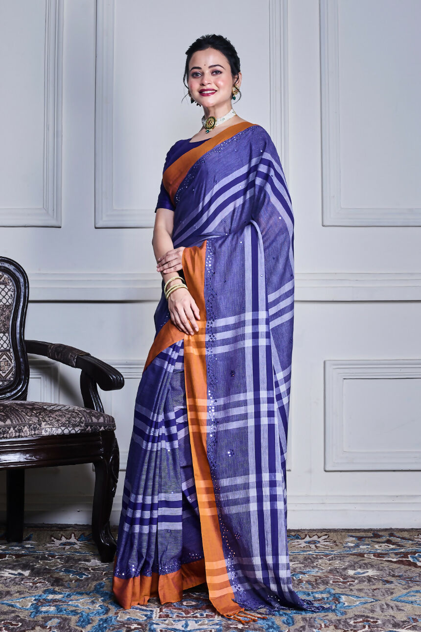 Morchari Sky Blue Cotton Handloom Mirror Work Saree Unstitched Blouse | Grocsy