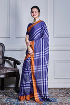 Morchari Sky Blue Cotton Handloom Mirror Work Saree Unstitched Blouse | Grocsy