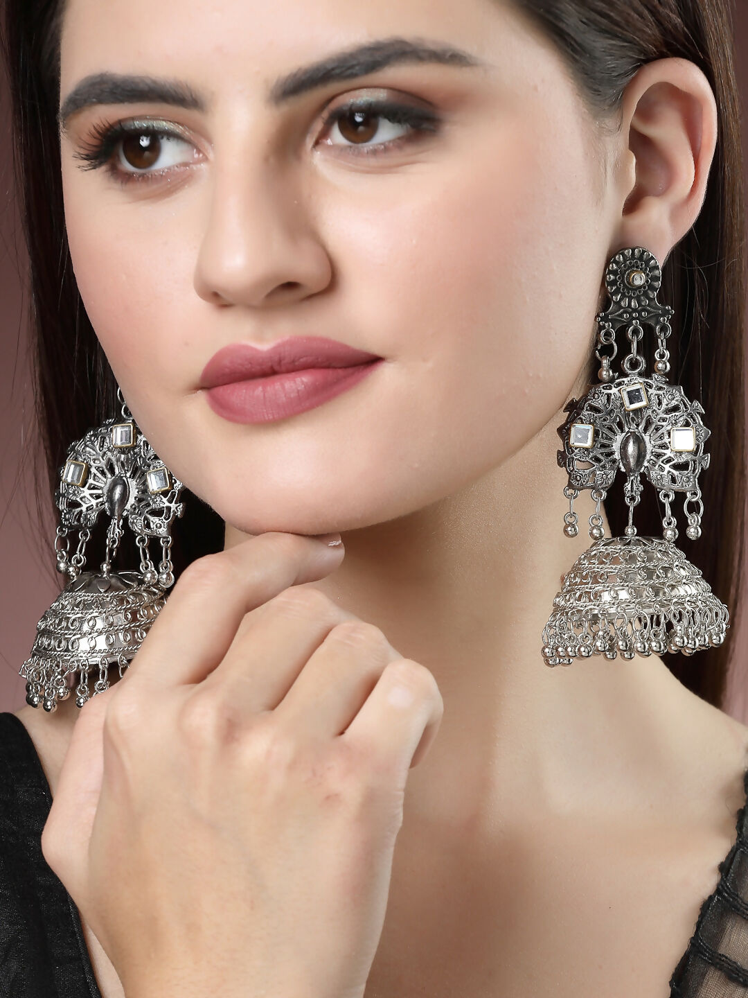 NVR Women's Silver Plated Mirror Work Oxidised Contemporary Jhumka Earrings | Grocsy