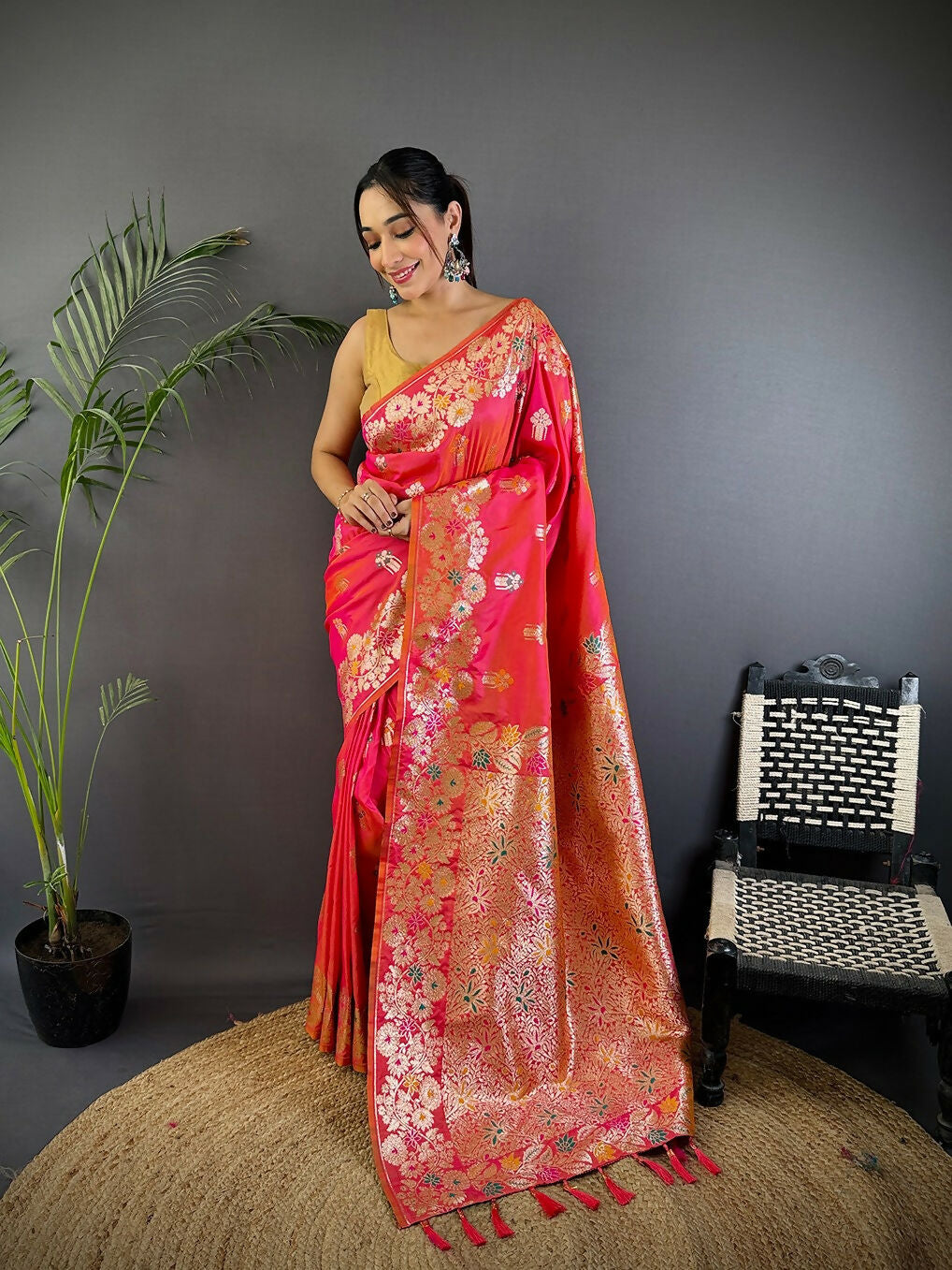 Joban Fashion Meenakari Hot Pink Woven Soft Silk Saree | Grocsy