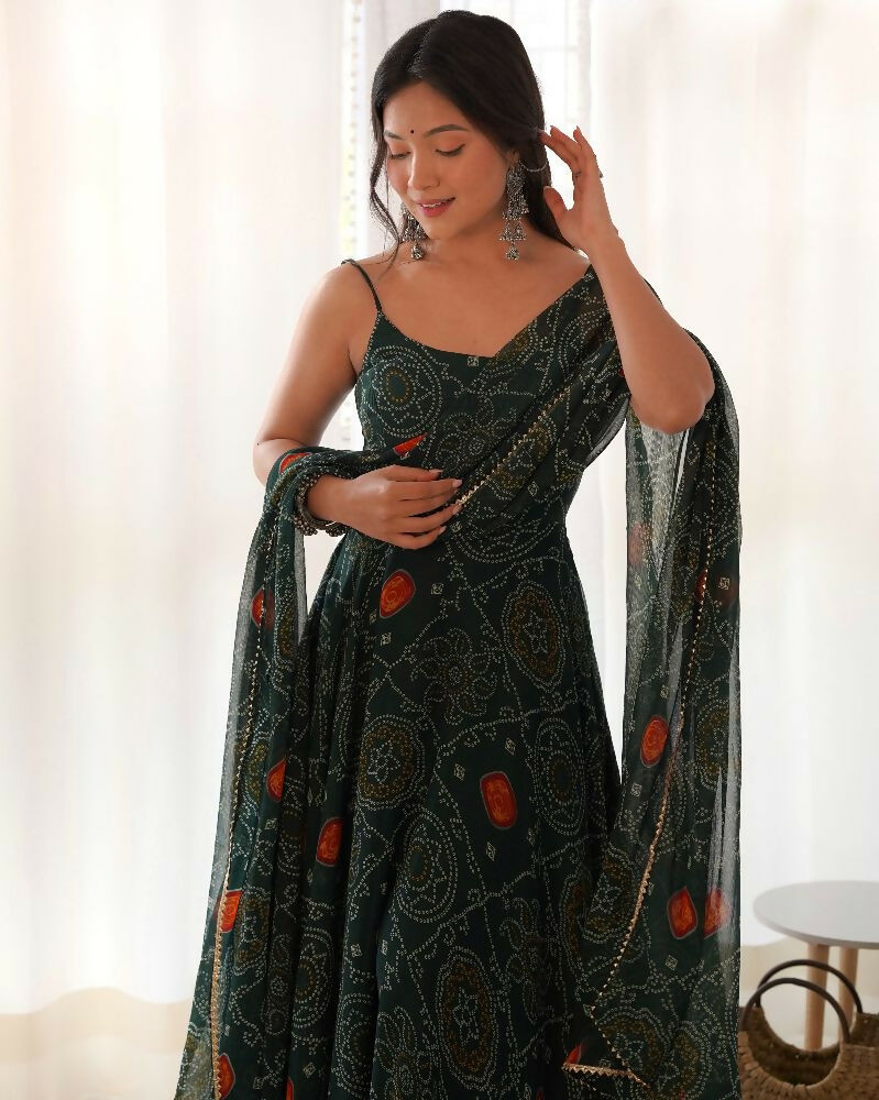 Joban Fashion Bottle Green Kurta Set Chiffon Sequin Embroidery Work | Grocsy