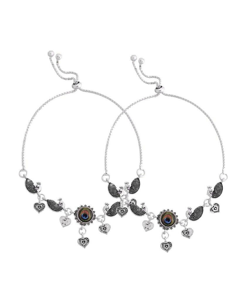 VOJ Set Of 2 Silver Plated Peacock Handcrafted Anklets | Grocsy