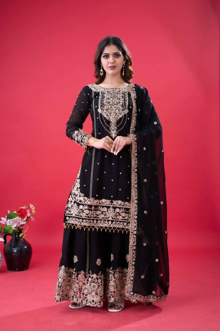 Teeya Creation Black Color Faux georgette Embroidery Work Sharara Set | Grocsy