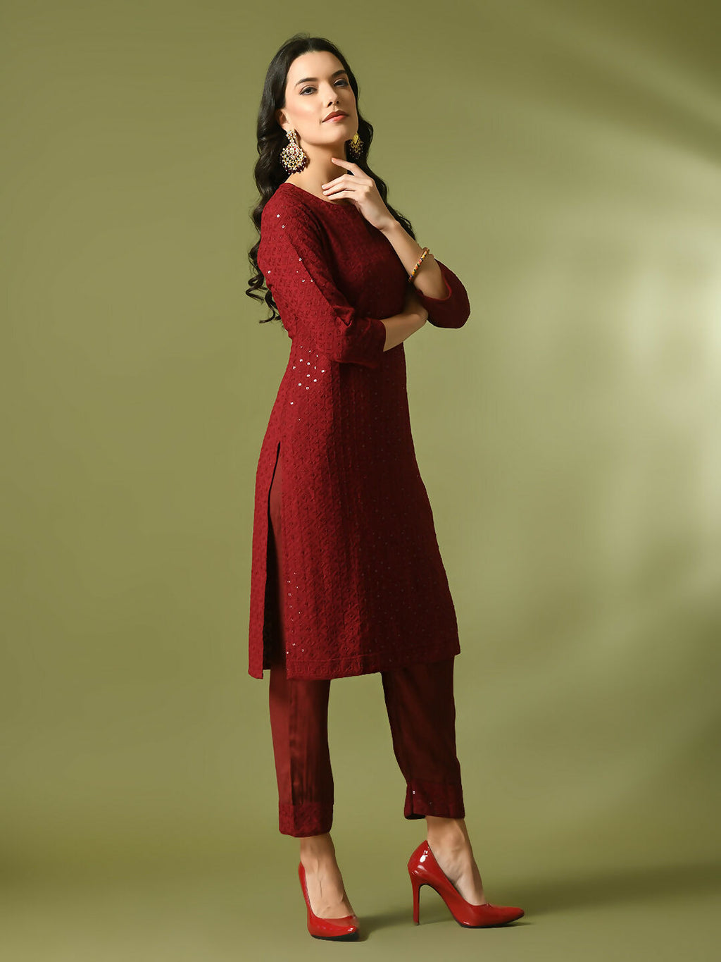 Myshka Women's Maroon Embroidered Cotton Straight Party Kurta Set | Grocsy