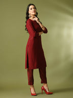 Myshka Women's Maroon Embroidered Cotton Straight Party Kurta Set | Grocsy