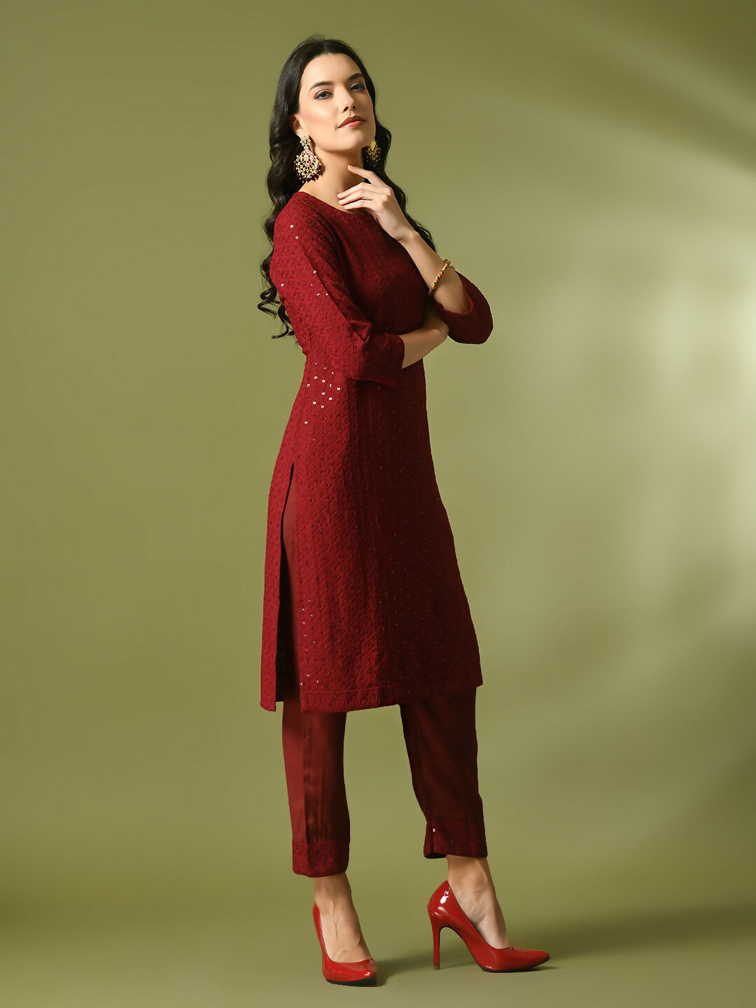 Myshka Women's Maroon Embroidered Cotton Straight Party Kurta Set | Grocsy