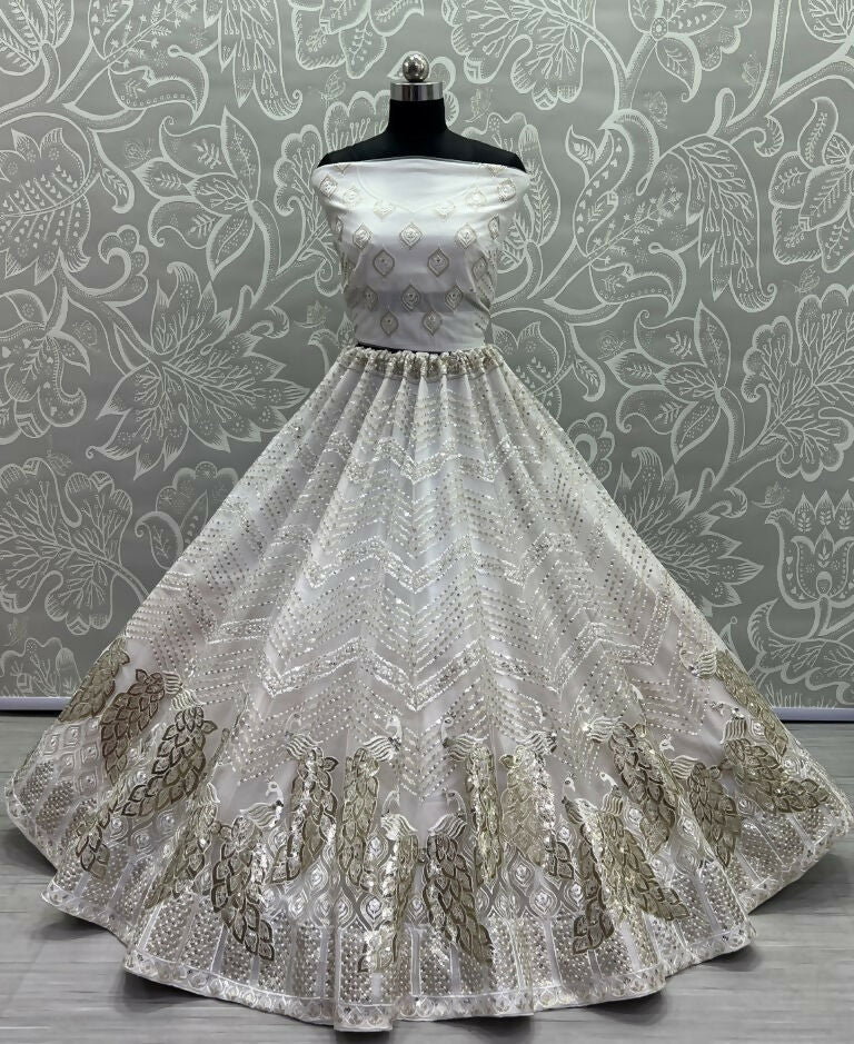 Jyoti Fashion Women's White Bridal Net Fancy Foil & Sequins with Multi Thread Embroidered Wedding Lehenga Choli | Grocsy
