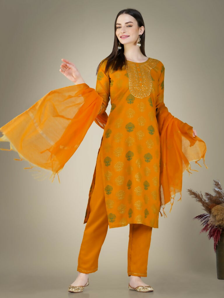 Jyoti Fashion Women's Yellow Cotton Magic Slub Embroidery & Sequence work Kurta with Trouser & Dupatta | Grocsy