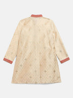 Ahalyaa Beige Poly Silk Gold Print Kids Kurta Churidar Set For Boys | Grocsy