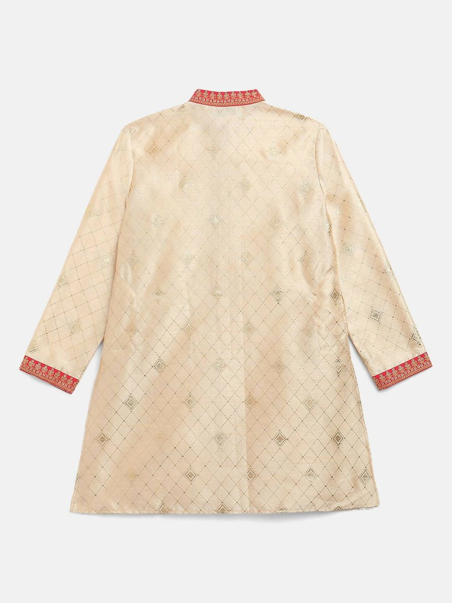 Ahalyaa Beige Poly Silk Gold Print Kids Kurta Churidar Set For Boys | Grocsy