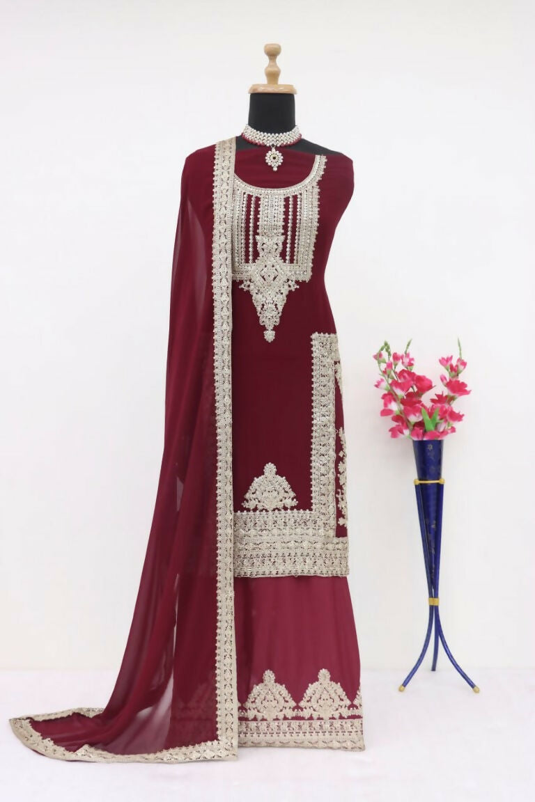 Vastranavya Gorgeous Maroon Faux Georgette with Embroidery 3mm Sequence & Coding Work Pakistani Straight Pant Suit | Grocsy