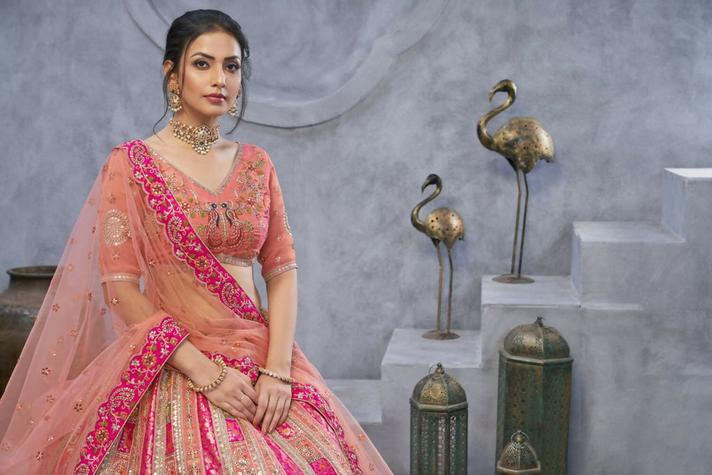 Kesar Fab Pink Organza Embroidered Lehenga | Grocsy